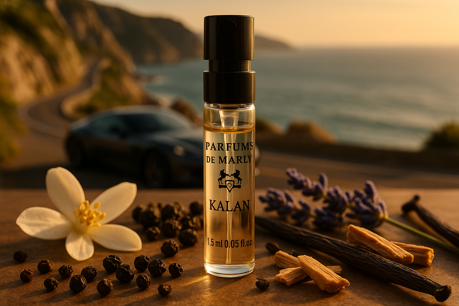 Parfums De Marly Kalan 공식 향수 샘플 1.5ml 0.05 fl. oz. 향수 테스터, 배경에는 해안가의 고급 자동차가 있고 샘플은 Kalan 향수의 향수 노트로 둘러싸여 있습니다.