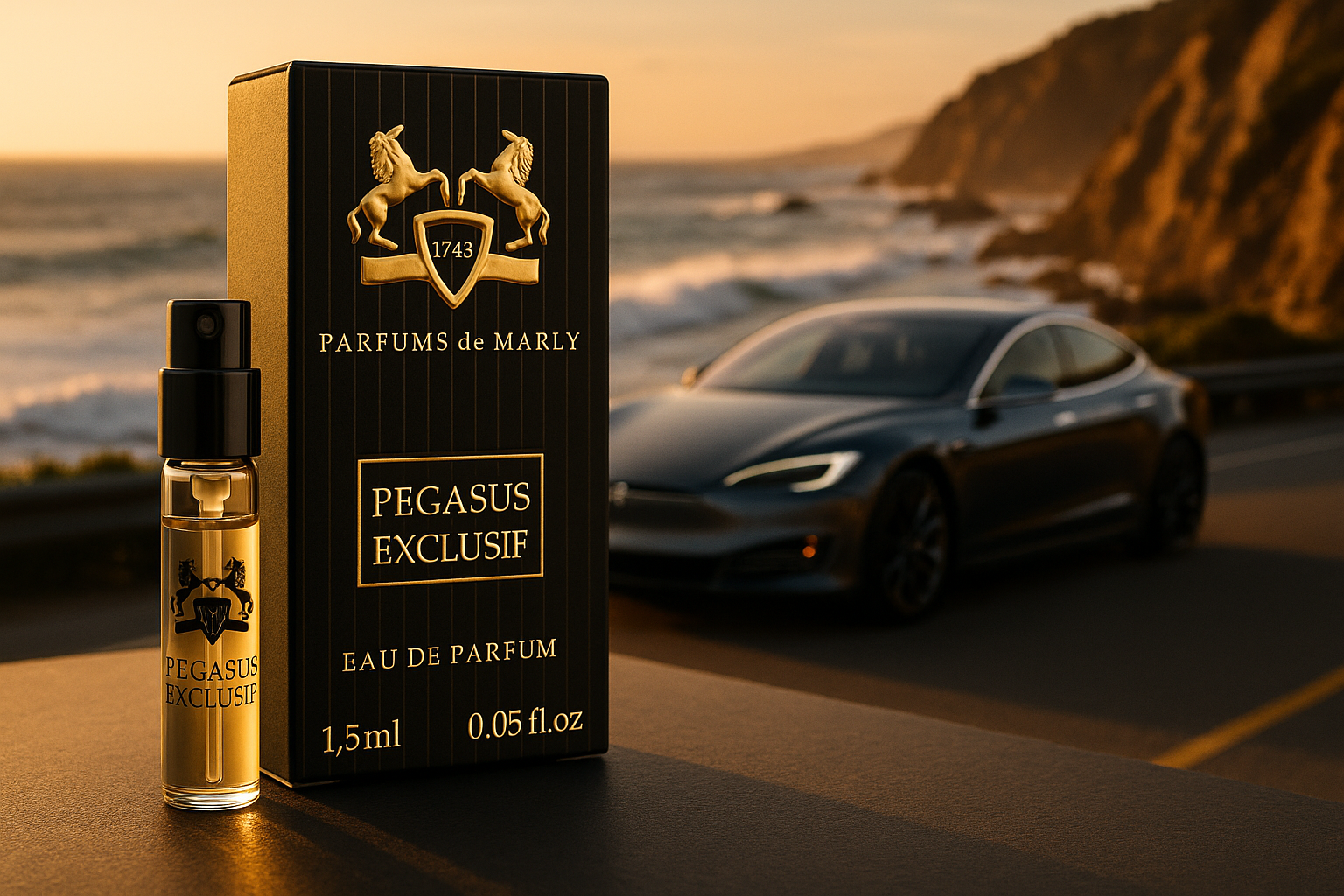 Parfums De Marly Pegasus Exclusif 공식 향수 샘플 1.5ml 0.05 fl. oz. 향수 테스터, 배경에는 해안가의 고급 전기 자동차