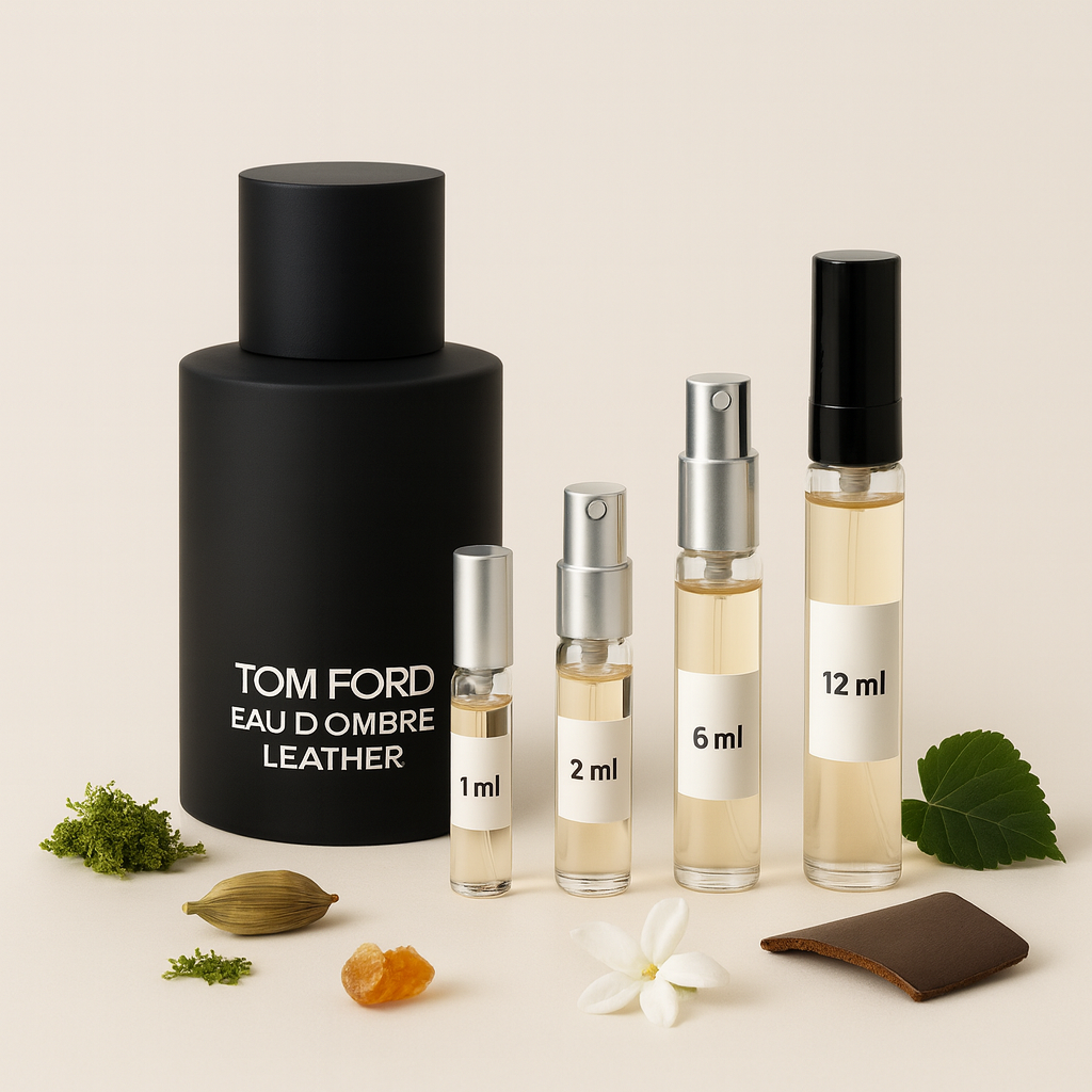 밝은 배경 위에 카다몸, 자스민, 앰버, 이끼, 가죽 요소와 함께 배치된 Tom Ford Eau d’Ombre Leather 병과 1ml, 2ml, 6ml, 12ml 샘플 바이얼
