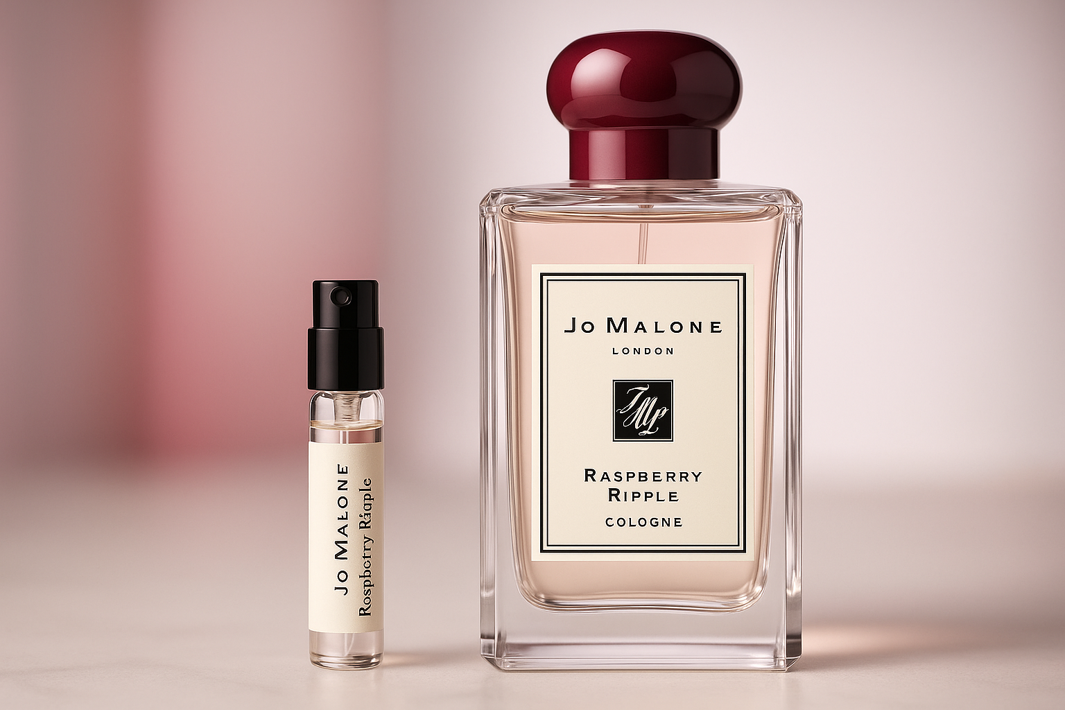 조 말론 라즈베리 리플 콜로뉴 향수 샘플, 1ml 향수 샘플이 100ml 사이즈 조 말론 라즈베리 리플 콜로뉴 향수 병 옆에 서 있습니다.
