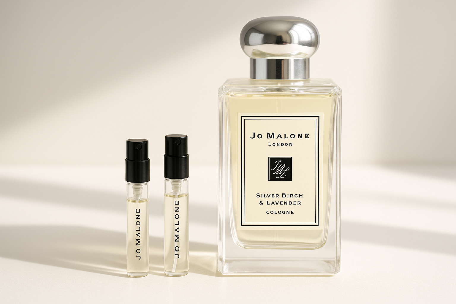 Jo Malone Silver Birch & Lavender Cologne 향수 샘플 1ml가 Jo Malone Silver Birch 100ml 향수 옆에 서 있습니다.
