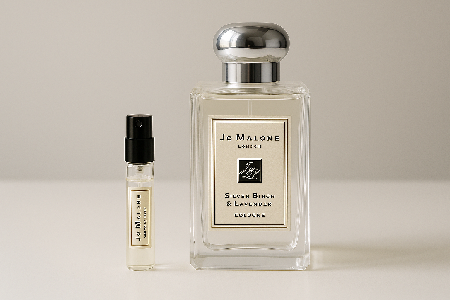 Jo Malone Silver Birch & Lavender Cologne 향수 샘플, 100ml Jo Malone Silver Birch & Lavender 향수 옆에 있는 2ml 향수 샘플