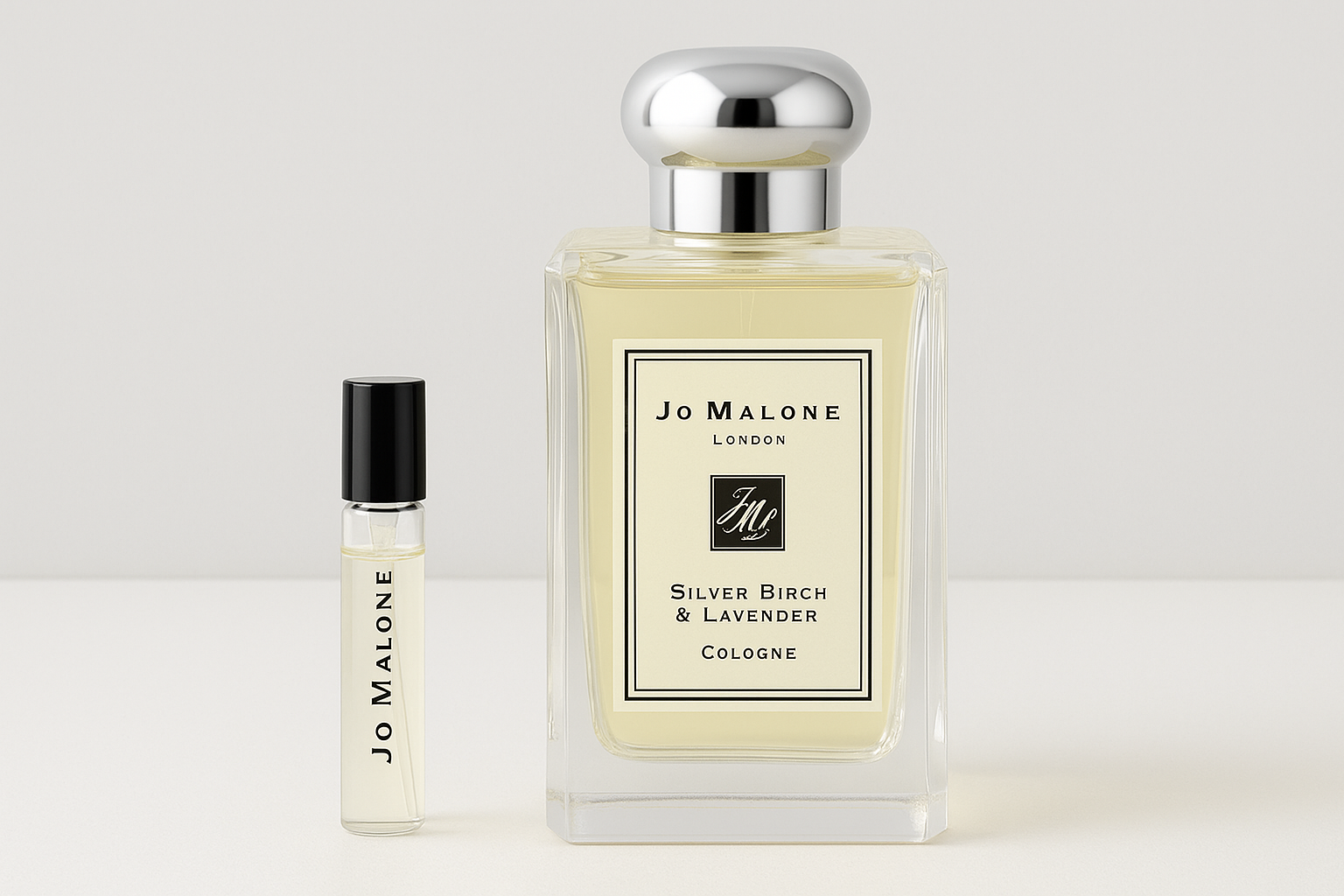 Jo Malone Silver Birch & Lavender Cologne 향수 샘플, 100ml 정품 Jo Malone Silver Birch & Lavender Cologne 향수 병 옆에 있는 6ml 향수 샘플