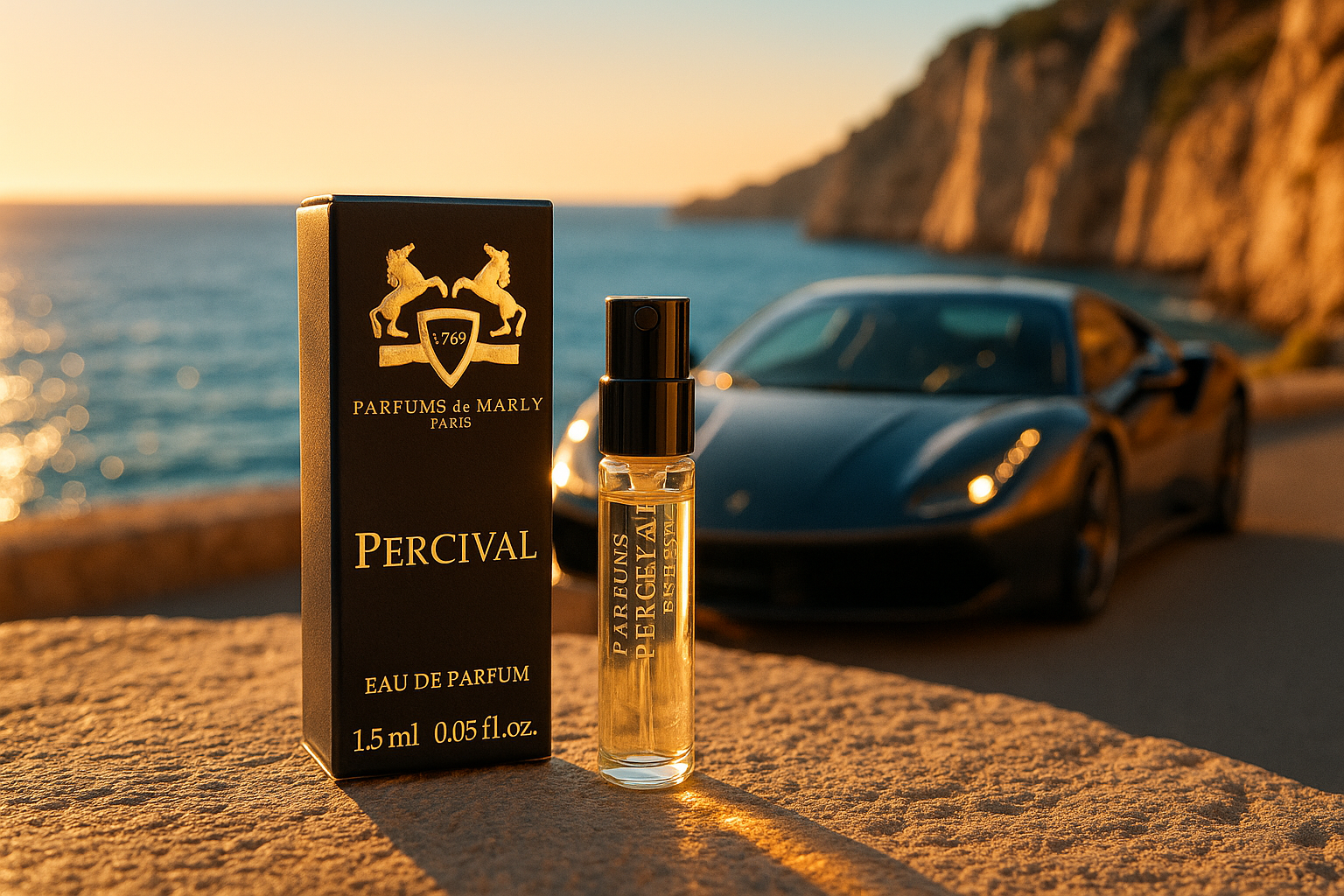 Parfums De Marly Percival 공식 향수 샘플 1.5ml 0.05 fl. oz. 향수 테스터, 바다 해안에 있는 고급 차량 뒤편