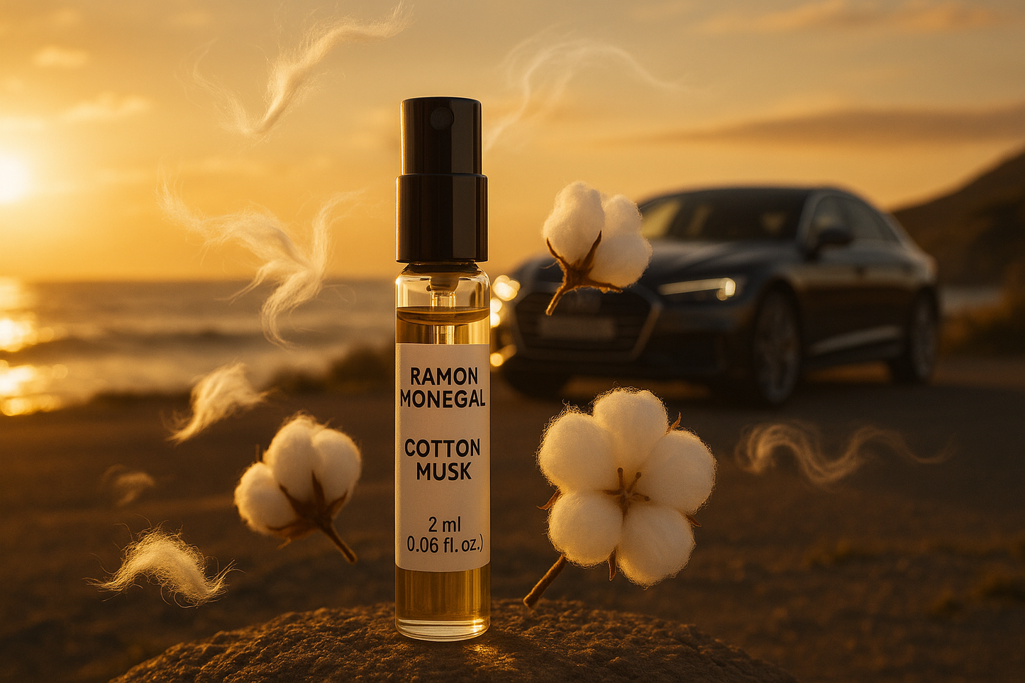 Ramon Monegal Cotton Musk 공식 향수 샘플 2ml 0.06 fl.o.z. 향수 테스터, 일몰 무렵 해안 근처 배경에 있는 고급 차량, 샘플은 Cotton Musk 향의 노트로 둘러싸여 있습니다.