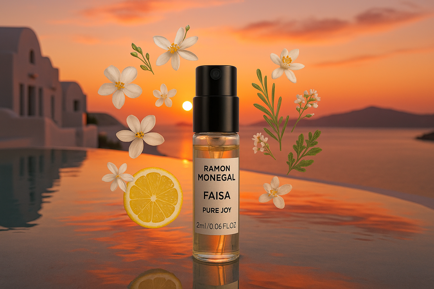 Ramon Monegal Faisa Pure Joy 공식 향수 샘플 2ml 0.06 fl.o.z. 향수 테스터, 배경은 산토리니 수영장의 일몰, 샘플은 Faisa Pure Joy 향수 노트로 둘러싸여 있습니다.