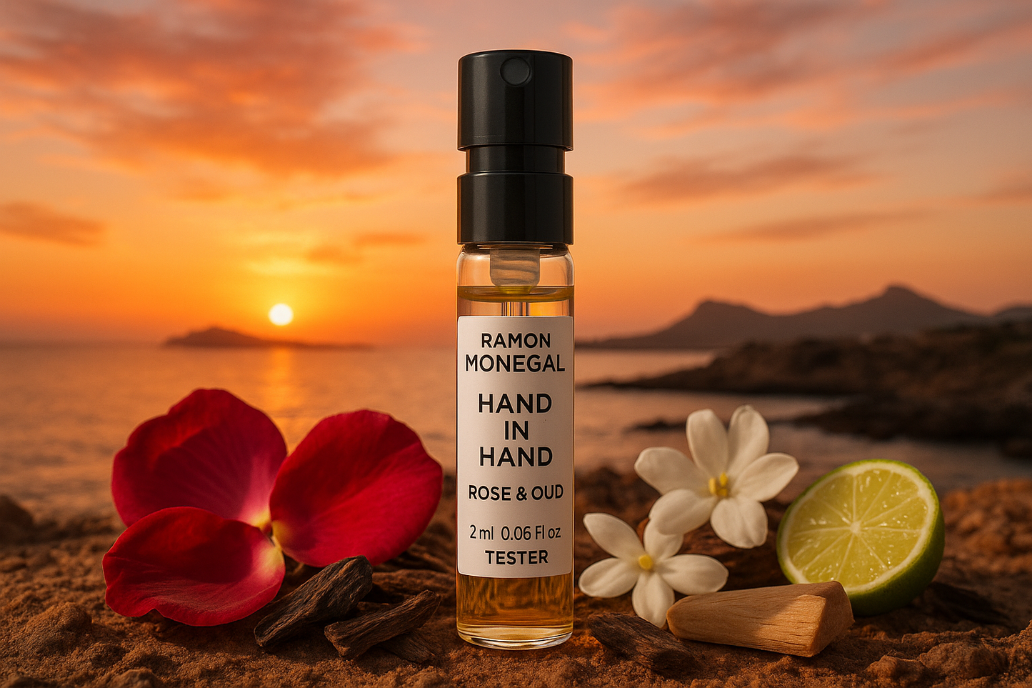 Ramon Monegal Hand in Hand Rose & Oud 공식 향수 샘플 2ml 0.06 fl.o.z. 향수 테스터, 스페인 플라나 섬의 일몰을 배경으로, 샘플은 Hand in Hand Rose & Oud 향수 노트로 둘러싸여 있습니다.