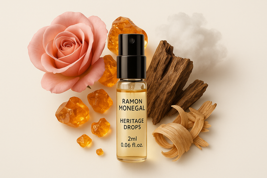 Ramon Monegal Heritage Drops 공식 향수 샘플 2ml 0.06 fl.o.z. 향수 테스터 샘플 병은 Heritage Drops 향수 노트로 둘러싸여 있습니다.